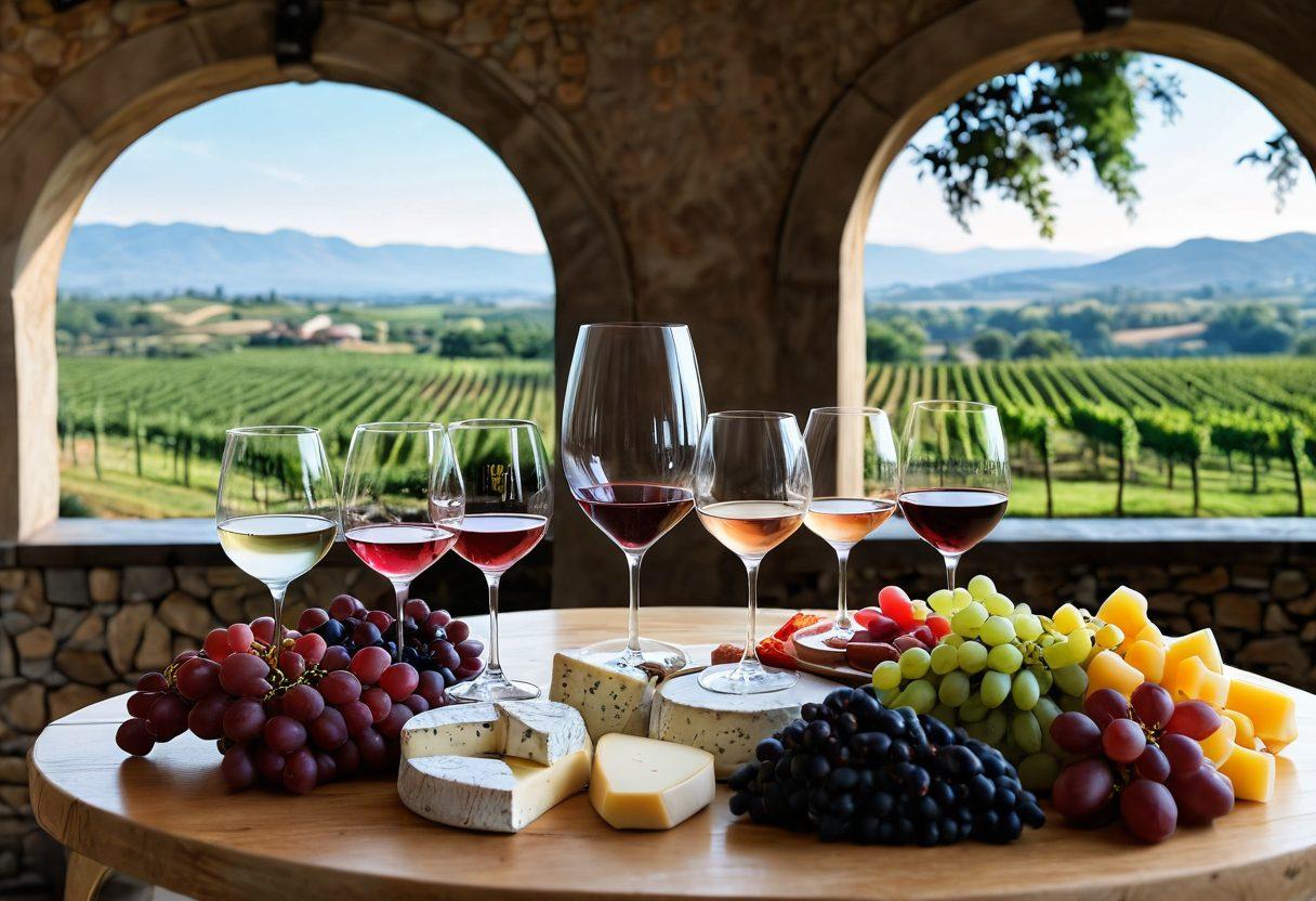 An elegant wine tasting setup featuring a variety of wine glasses filled with different shades of red, white, and rosé wines, surrounded by artisanal cheeses and fresh fruits. In the background, there are scenic vineyard landscapes and wine barrels, showcasing the different regions of wine production. Elegant typography displays 'Wine Ratings and Regions'. Soft, ambient lighting creates a warm and inviting atmosphere. super-realistic. vibrant colors. 3D.