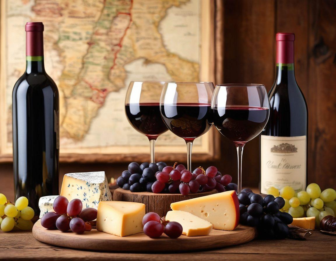 An elegant wine glass filled with rich red wine, surrounded by various wine bottles and a cheese platter with artisanal cheeses and fruits. Soft ambient lighting sets a warm and inviting atmosphere, while a vintage map of wine regions is subtly blurred in the background. Include hints of grapes and rustic wood accents to enhance the wine theme. super-realistic. vibrant colors. warm tones.