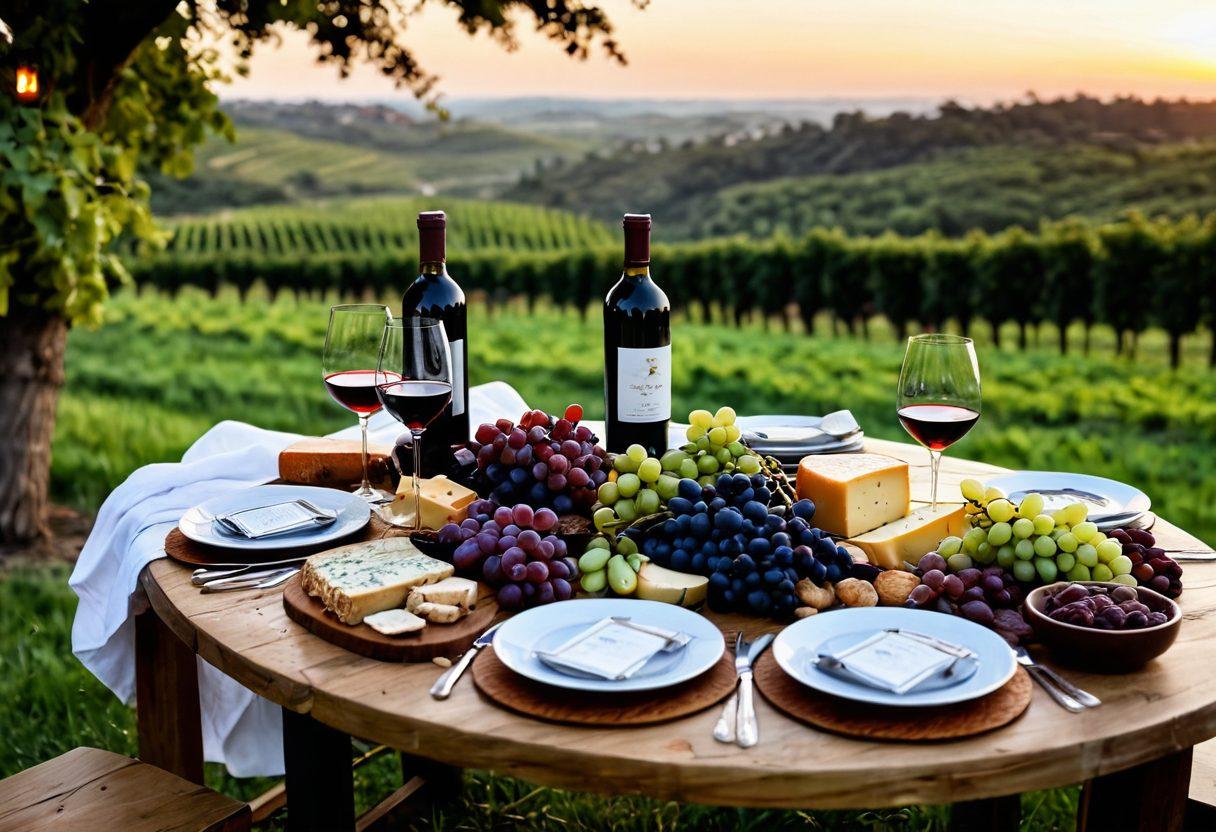 A beautifully arranged table setting showcasing artisanal wines with colorful wine bottles, elegant glasses, and a gourmet food spread including cheese, charcuterie, and seasonal fruits. Soft candlelight casts a warm glow, creating an inviting ambiance. A backdrop of lush vineyards enhances the overall experience, suggesting a connection to the source of the wines. vibrant colors. super-realistic. soft focus.